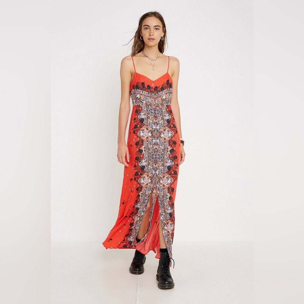 Free People morning song button up lace coral floral print maxi slip dress M
